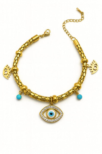 Stainless Steel Evil Eye & Turquoise Bead Bracelet – Gold