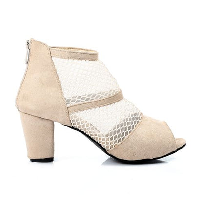 Faux Suede Mesh Peep-Toe Block Heel Sandals – Beige
