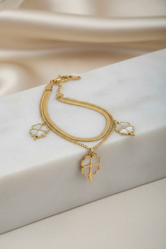 Stainless Steel Double Layer Clover Charm Bracelet – Gold