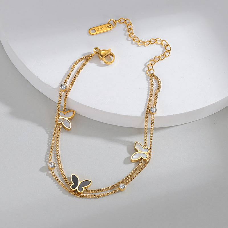 Stainless Steel Double Chain Butterfly Crystal Bracelet – Gold