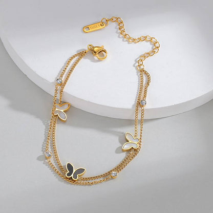 Stainless Steel Double Chain Butterfly Crystal Bracelet – Gold