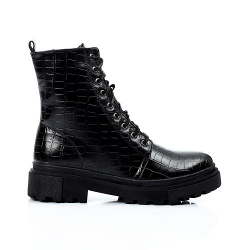 Faux Leather Croc-Embossed Combat Boots - Black