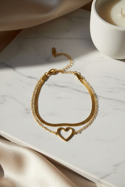Stainless Steel Double Layer Open Heart Charm Bracelet – Gold