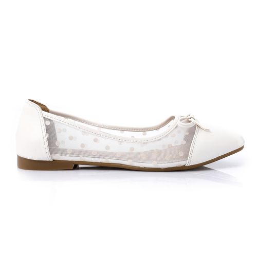 Faux Leather Polka Dot Mesh Ballet Flats – White