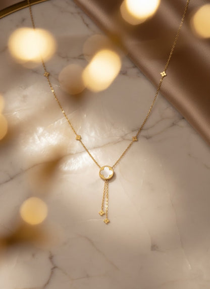 Stainless Steel Shell Clover Drop Pendant Necklace – Gold