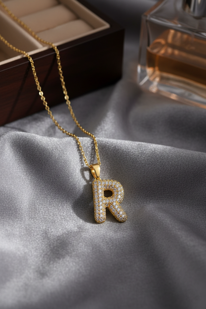 Stainless Steel Crystal Letter R Pendant Necklace – Gold
