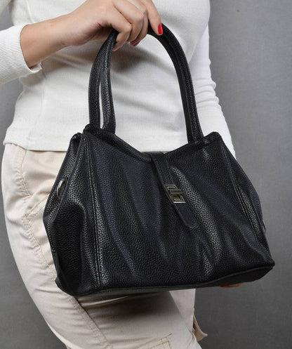 Faux Leather Textured Hand Bag with Cross Hand – Black