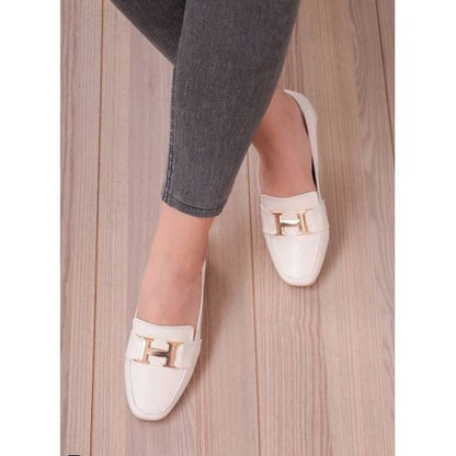 Faux Leather Croc Pattern Loafers – White