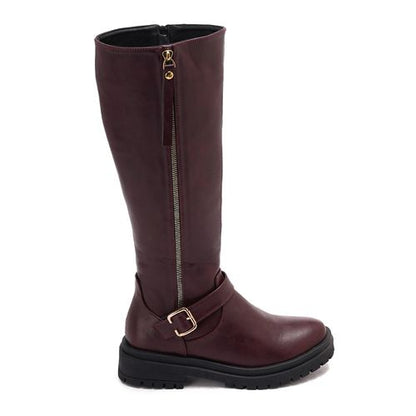 Faux Leather Knee-High Boots – Burgundy