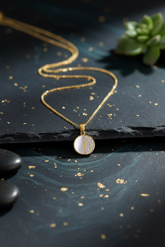 Stainless Steel Split Pave Crystal Pendant Necklace – Gold