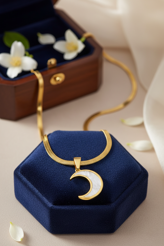 Stainless Steel Crescent Pendant Necklace with Shell Inlay – Gold