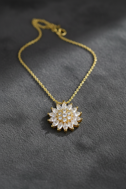 Stainless Steel Crystal Flower Pendant Necklace – Gold