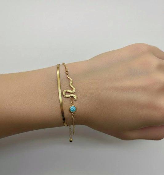 Stainless Steel Snake Design Bracelet with Turquoise Bead – Gold