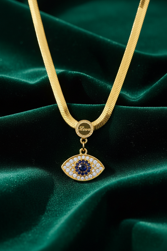 Stainless Steel Evil Eye Crystal Pendant Necklace – Gold