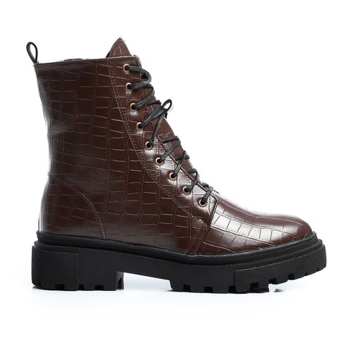 Faux Leather Croc-Embossed Combat Boots - Brown