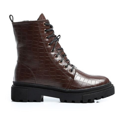 Faux Leather Croc-Embossed Combat Boots - Brown