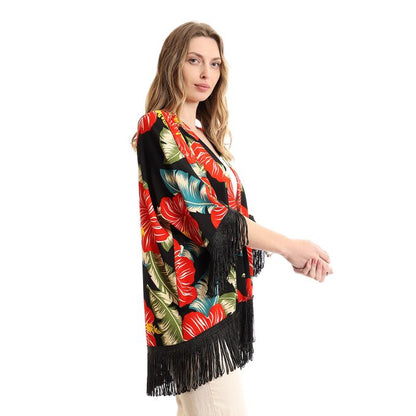 Floral Decorated Fringes Open Neckline Cardigan