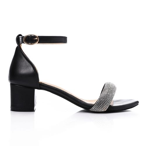 Faux Leather Diamante Ankle Strap Sandals - Black