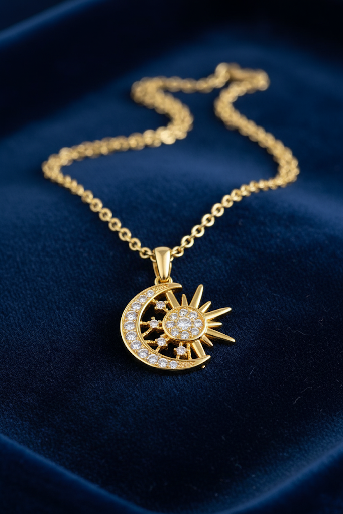 Stainless Steel Sun and Moon Pendant Necklace – Gold