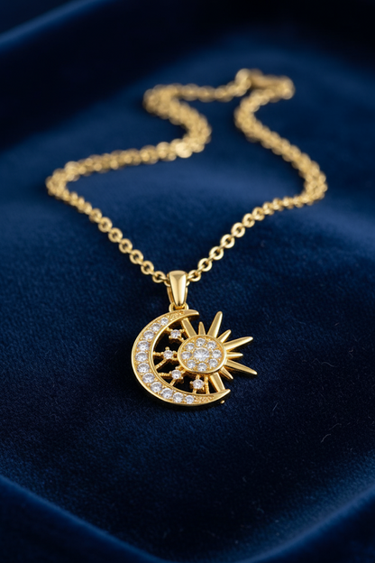 Stainless Steel Sun and Moon Pendant Necklace – Gold