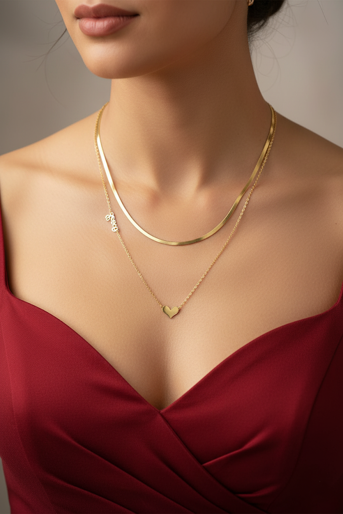 Stainless Steel Layered Heart Pendant Necklace with Snake Chain – Gold