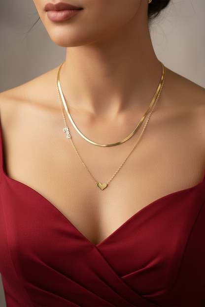 Stainless Steel Layered Heart Pendant Necklace with Snake Chain – Gold