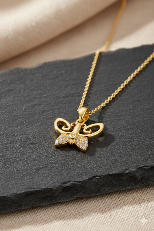 Stainless Steel Crystal Butterfly Pendant Necklace – Gold