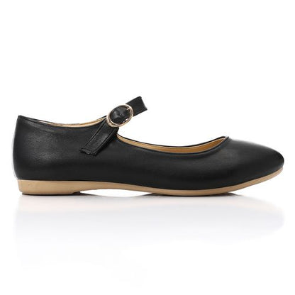 Faux Leather Mary Janes Flats - Black
