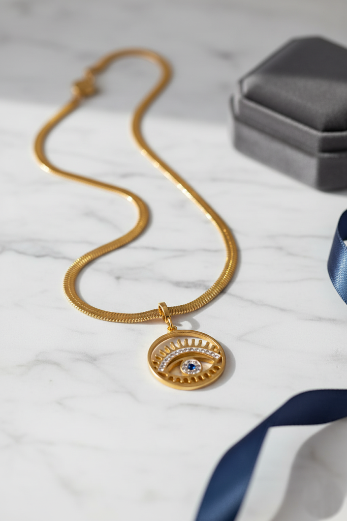 Stainless Steel Crystal Evil Eye Pendant Necklace – Gold