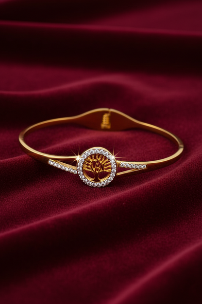 Stainless Steel Crystal-Encrusted Tree of Life Bracelet – Gold