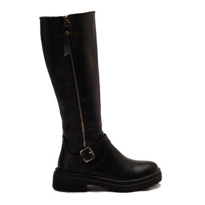 Leather Plain Knee-High Boots - Black
