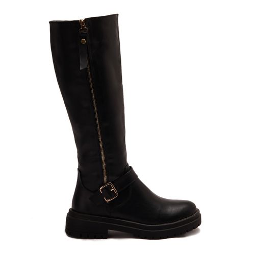 Leather Plain Knee-High Boots - Black