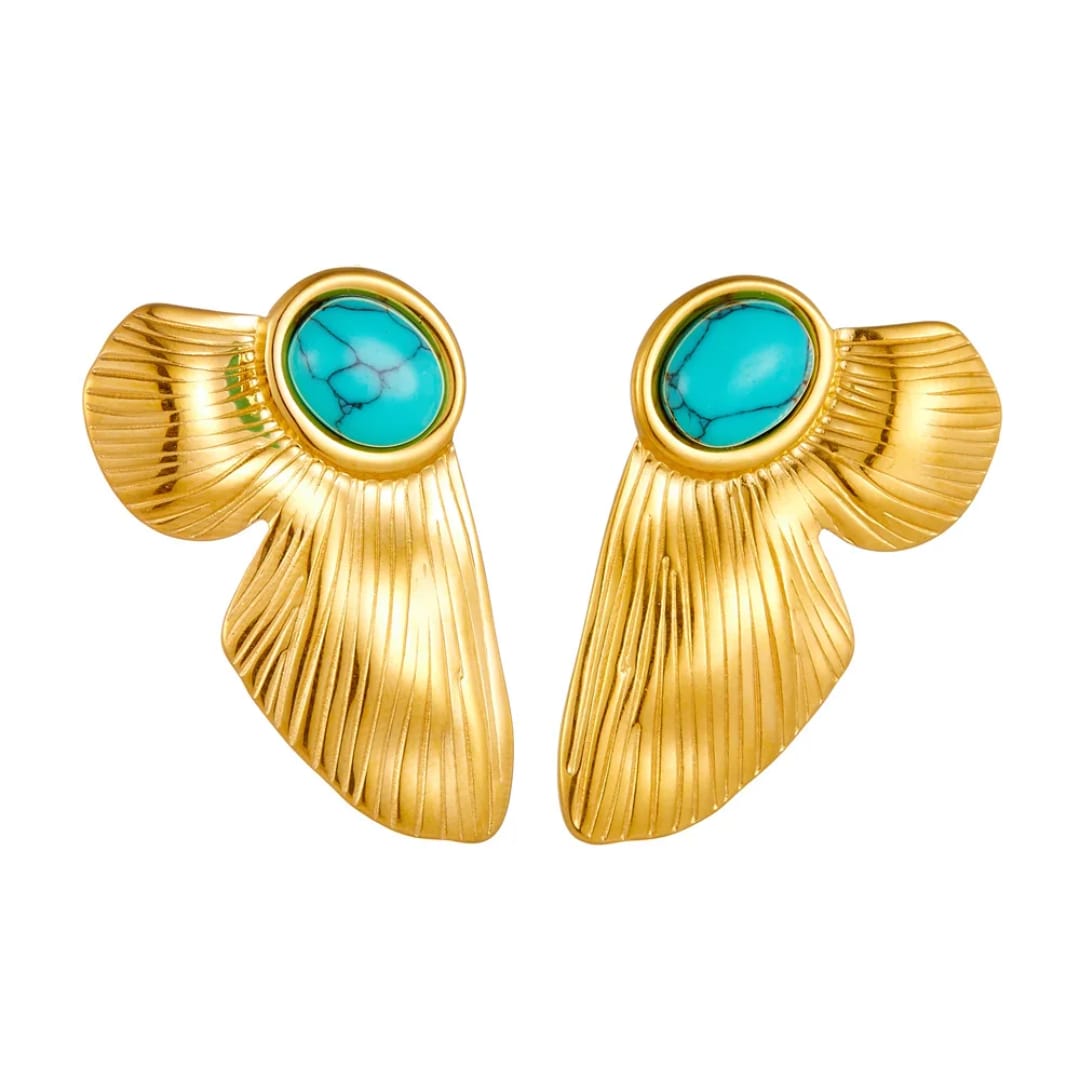Gold-Plated Leaf Design Earrings with Turquoise Stone