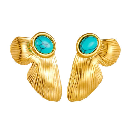 Gold-Plated Leaf Design Earrings with Turquoise Stone