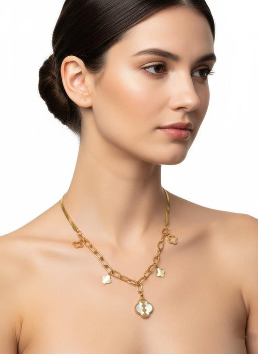 Stainless Steel Dual Chain Clover Charm Necklace – Gold