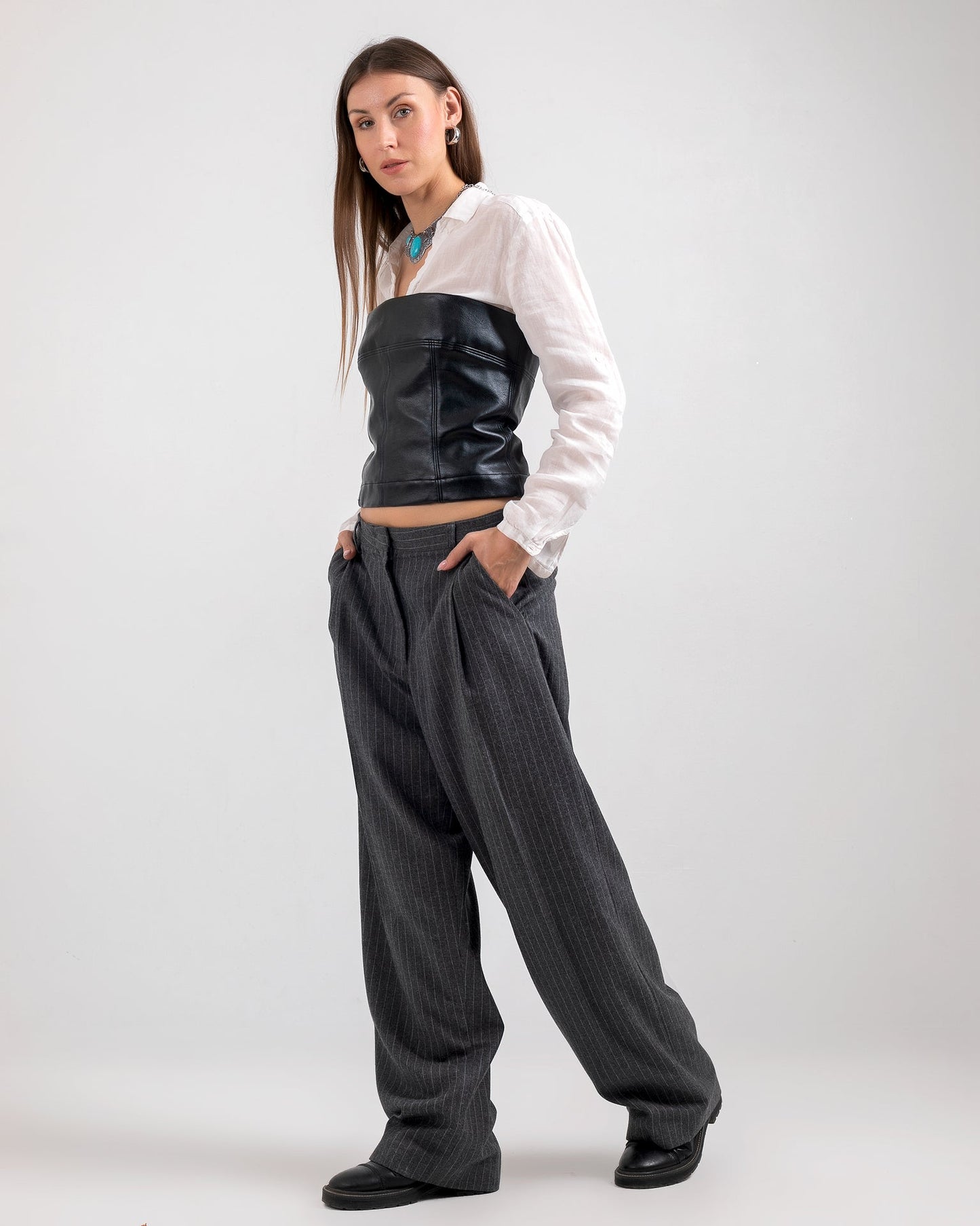 Viscose Striped Wide-Leg Trousers - Dark Grey
