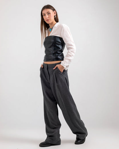 Viscose Striped Wide-Leg Trousers - Dark Grey