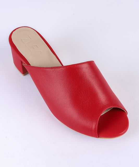 Slip-On Block Heel Mules - Red