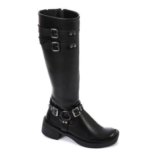 Faux Leather Adorned Boots With Buckles - Black