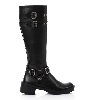 Faux Leather Adorned Boots With Buckles - Black