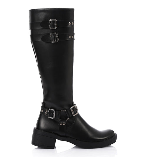 Faux Leather Adorned Boots With Buckles - Black