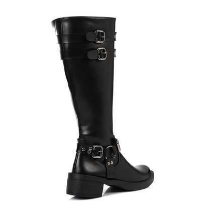 Faux Leather Adorned Boots With Buckles - Black
