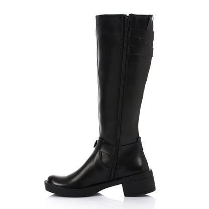 Faux Leather Adorned Boots With Buckles - Black