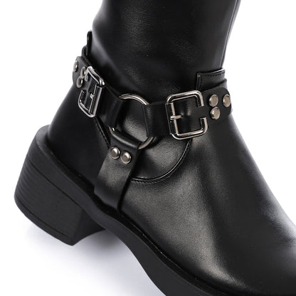 Faux Leather Adorned Boots With Buckles - Black