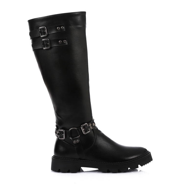 Faux Leather Solid Knee-High Boots - Brown