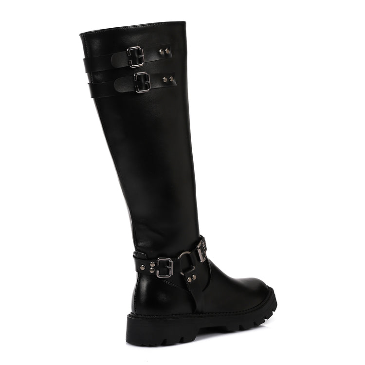 Faux Leather Solid Knee-High Boots - Brown