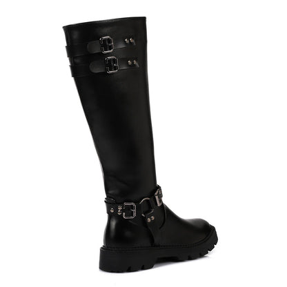 Faux Leather Solid Knee-High Boots - Brown