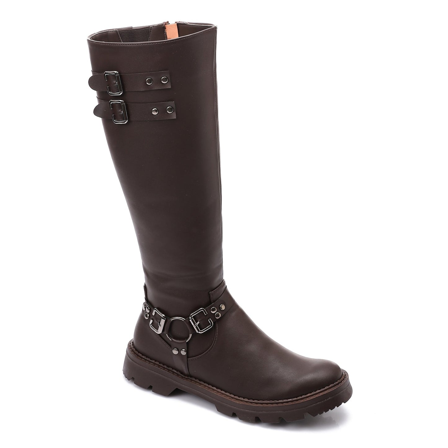 Faux Leather Solid Knee-High Boots - Brown