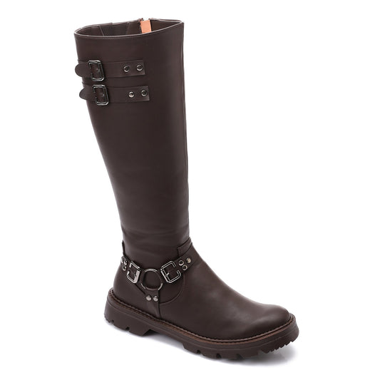 Faux Leather Solid Knee-High Boots - Brown