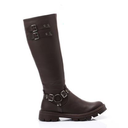 Faux Leather Solid Knee-High Boots - Brown